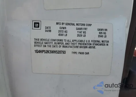 1998 Buick Lesabre Custom z USA, uszkodzony, nr VIN 1G4HP52K3WH528793